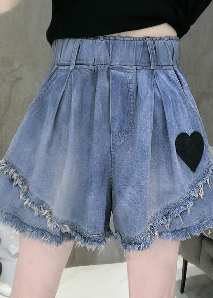 Blue Elastic Waist Love Patchwork Shorts Jeans Summer Ty1053