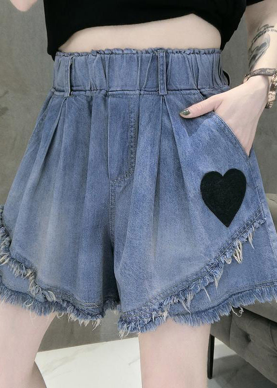 Blue Elastic Waist Love Patchwork Shorts Jeans Summer Ty1053