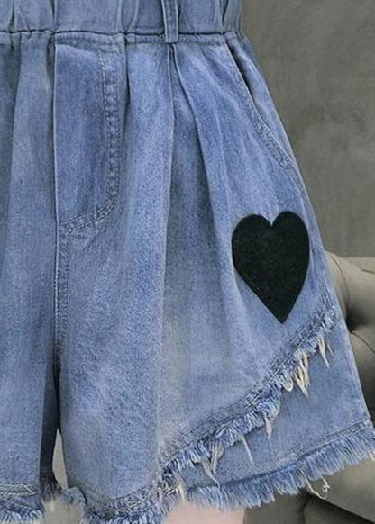 Blue Elastic Waist Love Patchwork Shorts Jeans Summer Ty1053
