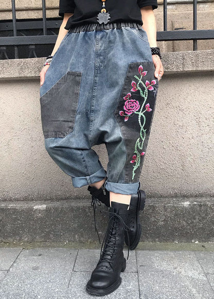 Blue Embroidered Elastic Waist Denim Pants Summer Ff061