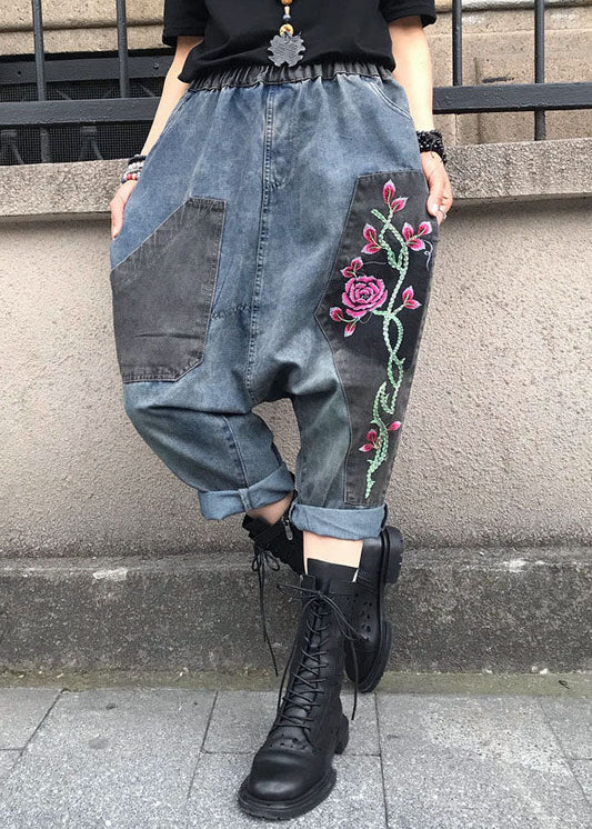Blue Embroidered Elastic Waist Denim Pants Summer Ff061