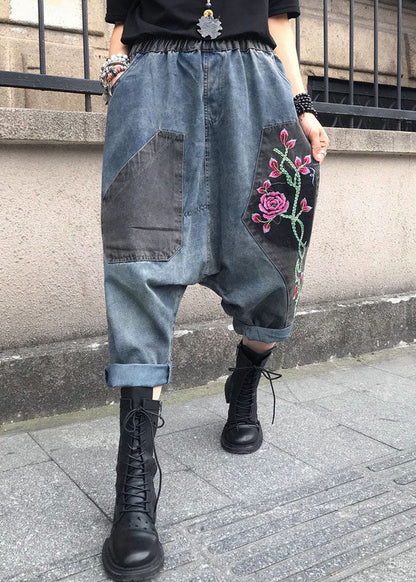 Blue Embroidered Elastic Waist Denim Pants Summer Ff061