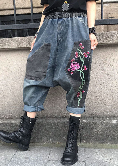 Blue Embroidered Elastic Waist Denim Pants Summer Ff061