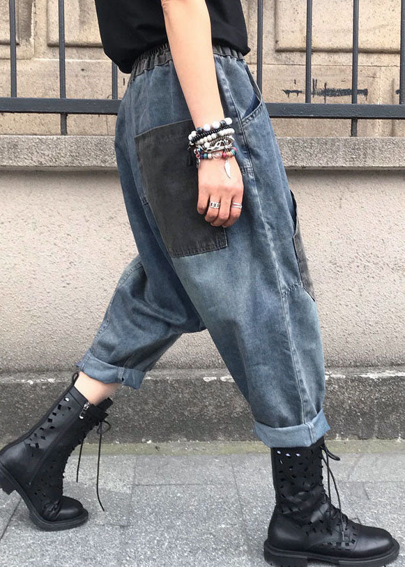 Blue Embroidered Elastic Waist Denim Pants Summer Ff061