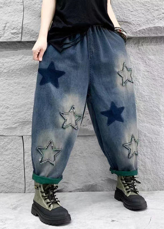 Blue Five Pointed Star Patch Elastic Waist Denim Harlan Pants Spring Qq1007