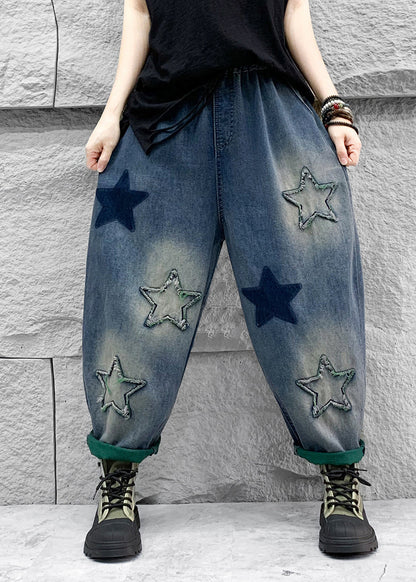 Blue Five Pointed Star Patch Elastic Waist Denim Harlan Pants Spring Qq1007