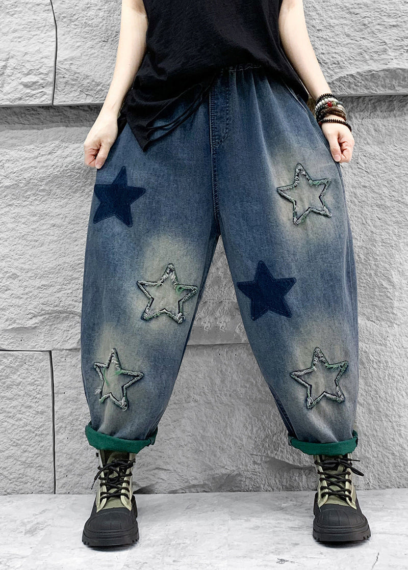 Blue Five Pointed Star Patch Elastic Waist Denim Harlan Pants Spring Qq1007