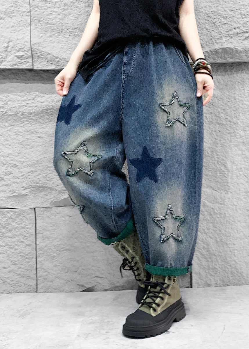 Blue Five Pointed Star Patch Elastic Waist Denim Harlan Pants Spring Qq1007