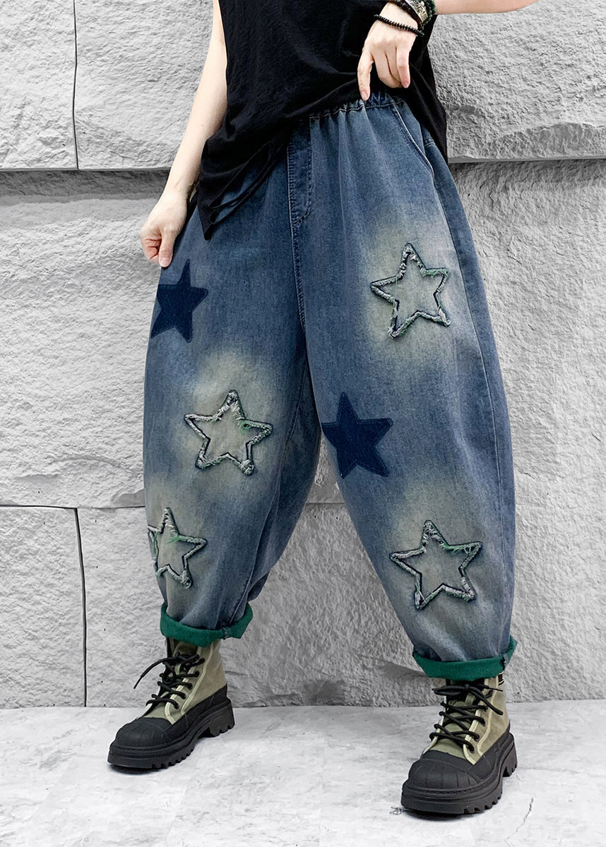 Blue Five Pointed Star Patch Elastic Waist Denim Harlan Pants Spring Qq1007