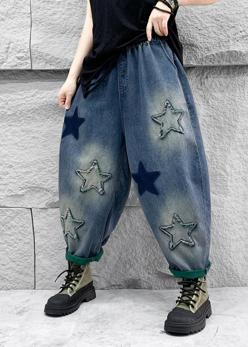 Blue Five Pointed Star Patch Elastic Waist Denim Harlan Pants Spring Qq1007
