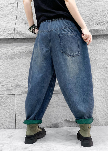 Blue Five Pointed Star Patch Elastic Waist Denim Harlan Pants Spring Qq1007