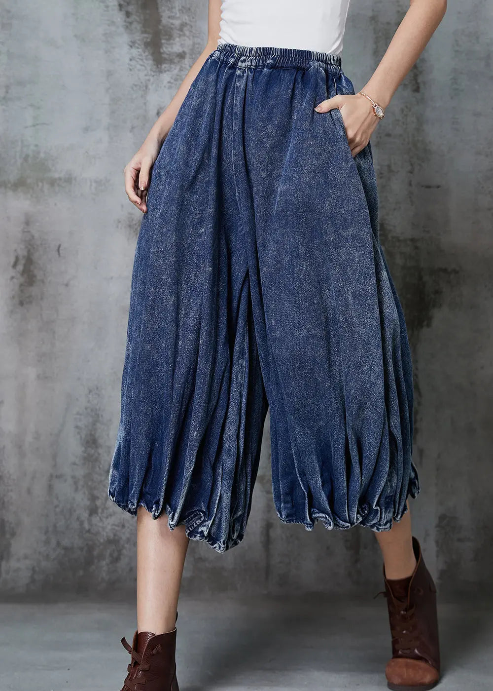 Blue Oversized Wrinkled Denim Wide Leg Pants Spring Jk1047