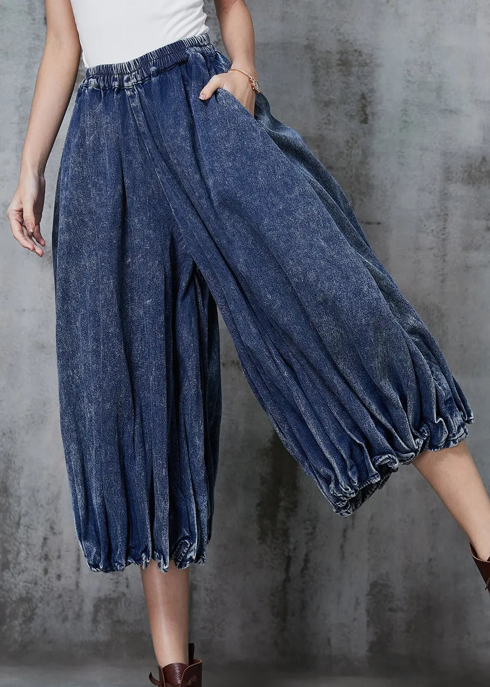 Blue Oversized Wrinkled Denim Wide Leg Pants Spring Jk1047