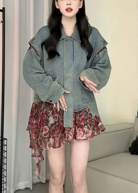 Blue Peter Pan Collar Asymmetrical Print Print Denim Coat Spring Rp023
