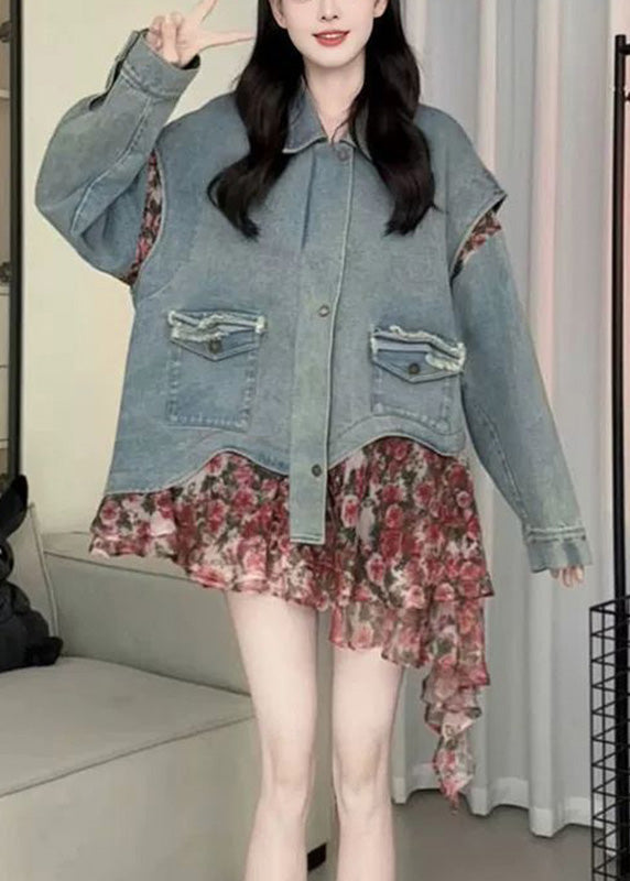 Blue Peter Pan Collar Asymmetrical Print Print Denim Coat Spring Rp023