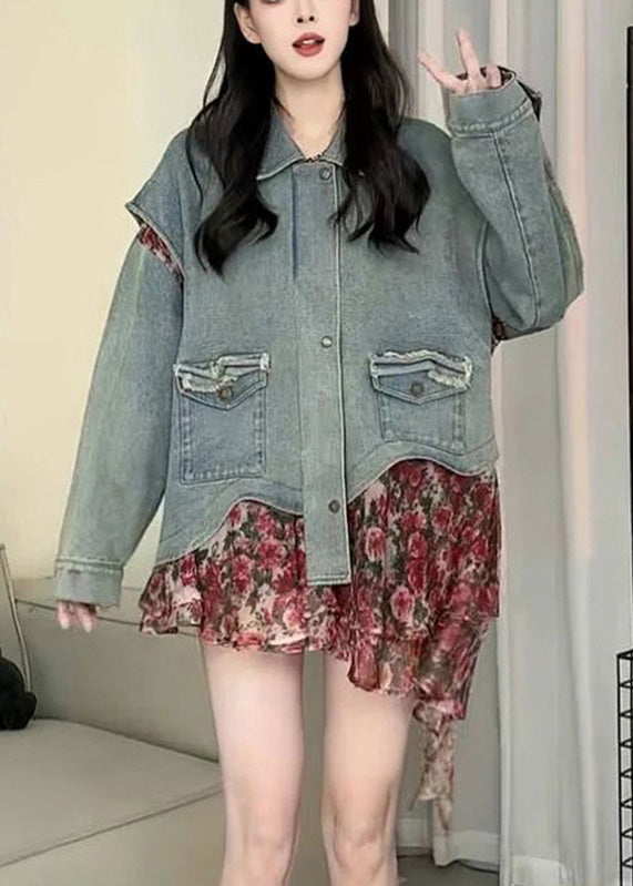 Blue Peter Pan Collar Asymmetrical Print Print Denim Coat Spring Rp023