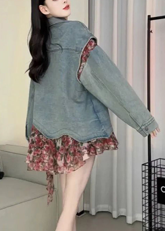 Blue Peter Pan Collar Asymmetrical Print Print Denim Coat Spring Rp023