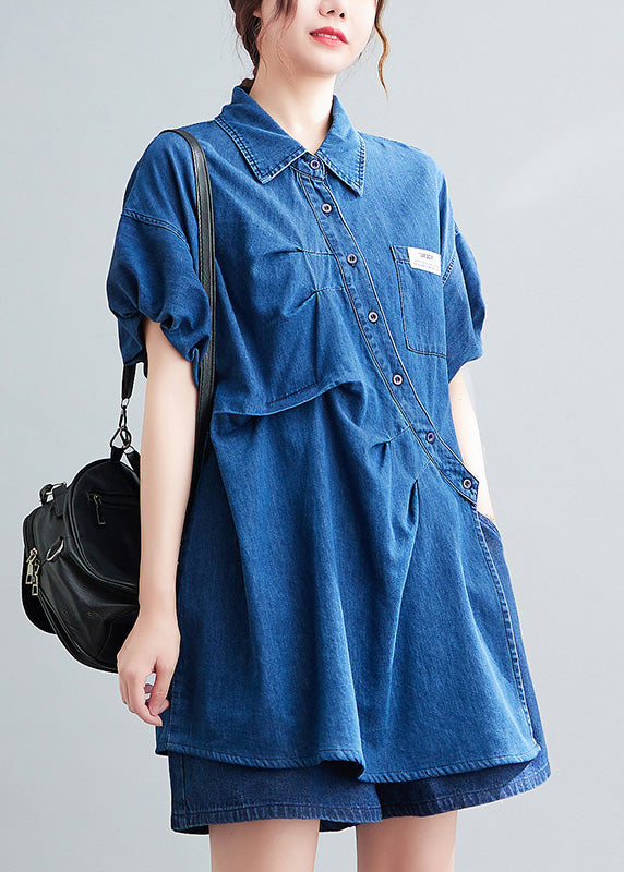 Blue Peter Pan Collar Cotton Shirts and Shorts Two Pieces Set Summer Ac2063