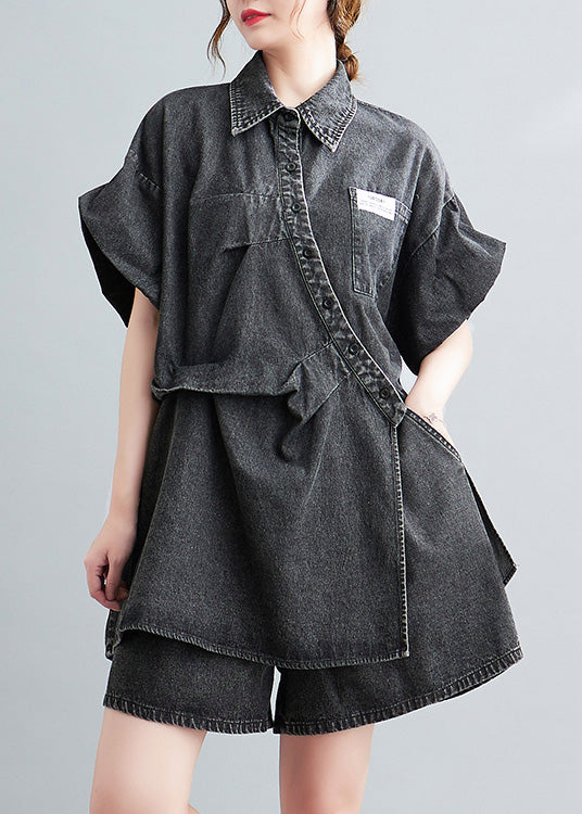 Blue Peter Pan Collar Cotton Shirts and Shorts Two Pieces Set Summer Ly0639