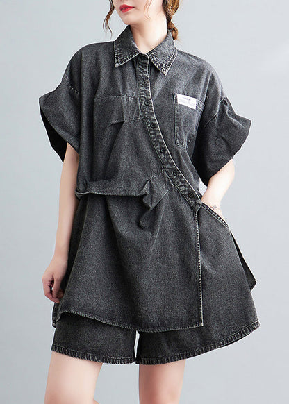 Blue Peter Pan Collar Cotton Shirts and Shorts Two Pieces Set Summer Ly0639