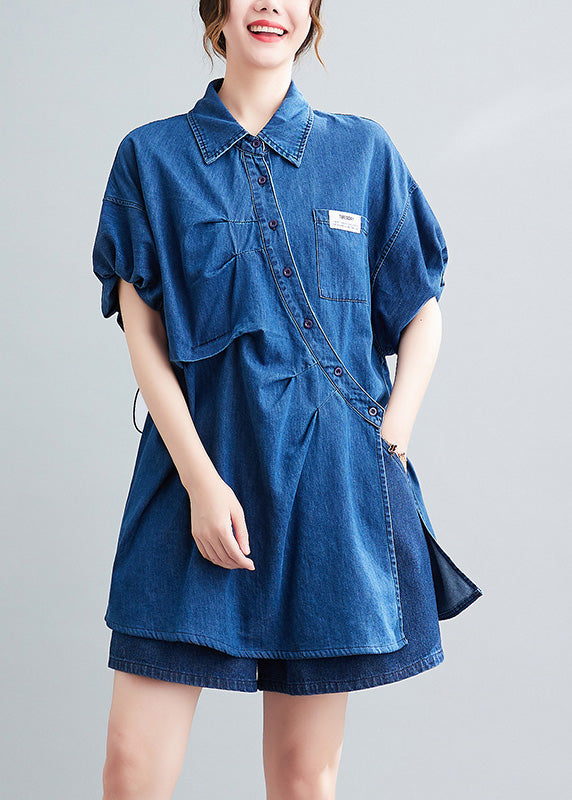 Blue Peter Pan Collar Cotton Shirts and Shorts Two Pieces Set Summer Ly0639