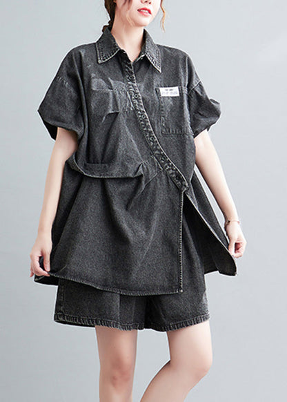 Blue Peter Pan Collar Cotton Shirts and Shorts Two Pieces Set Summer Ly0639