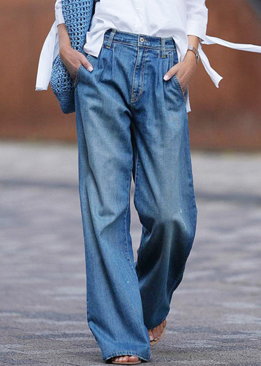 Blue Pockets Denim Wide Leg Pants Spring Qq1065