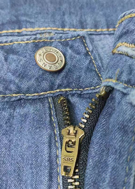 Blue Pockets Denim Wide Leg Pants Spring Qq1065