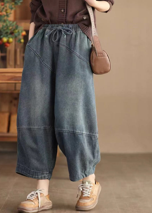 Blue Pockets Elastic Waist Cotton Harem Pants Spring Tn008