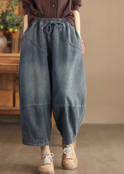 Blue Pockets Elastic Waist Cotton Harem Pants Spring Tn008