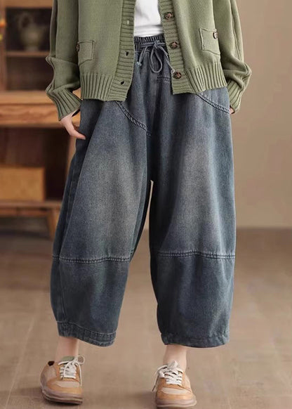 Blue Pockets Elastic Waist Cotton Harem Pants Spring Tn008