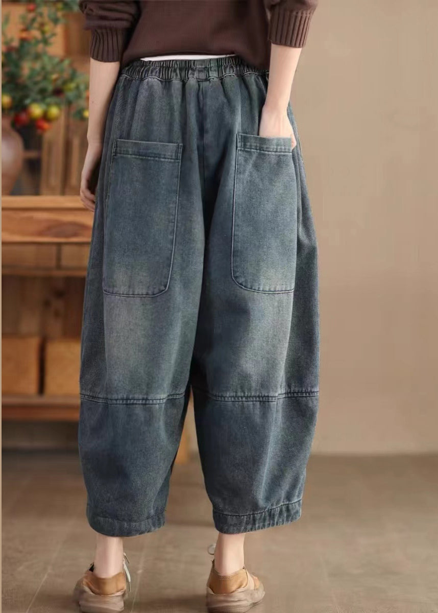 Blue Pockets Elastic Waist Cotton Harem Pants Spring Tn008