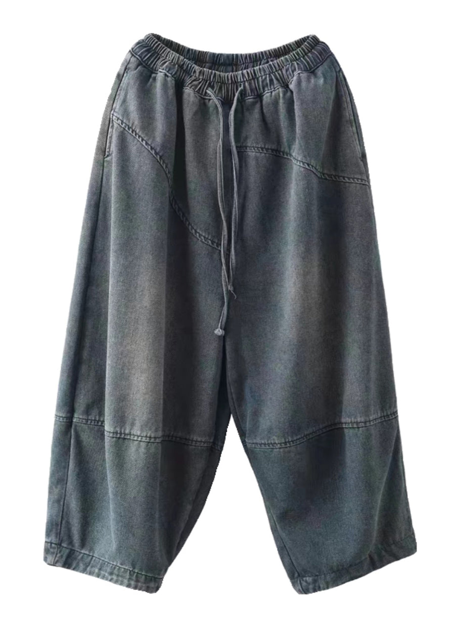Blue Pockets Elastic Waist Cotton Harem Pants Spring Tn008