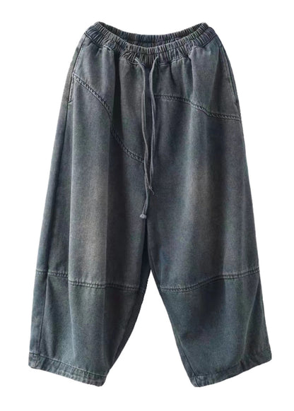 Blue Pockets Elastic Waist Cotton Harem Pants Spring Tn008