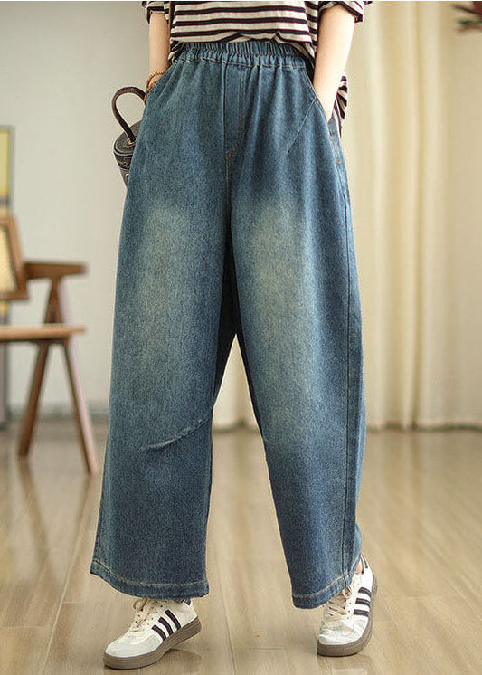 Blue Pockets Elastic Waist Denim Wide Leg Pants Spring Tz036