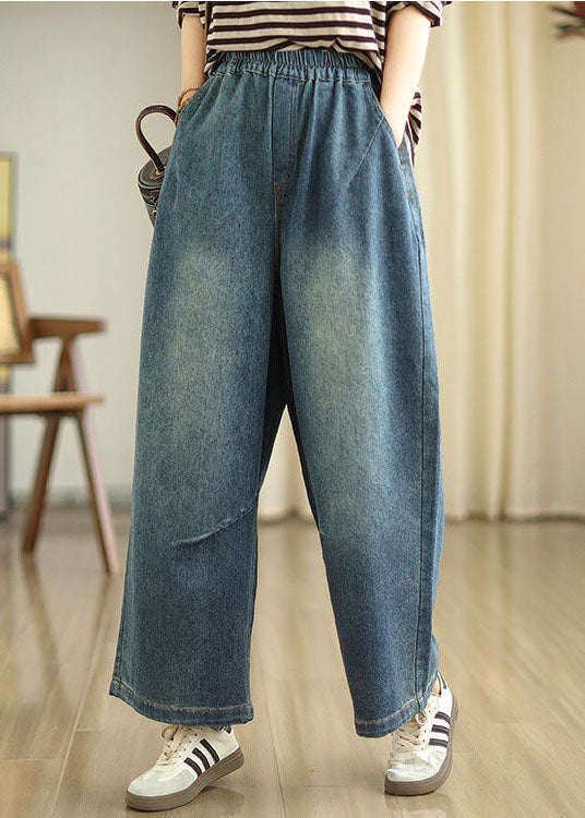 Blue Pockets Elastic Waist Denim Wide Leg Pants Spring Tz036