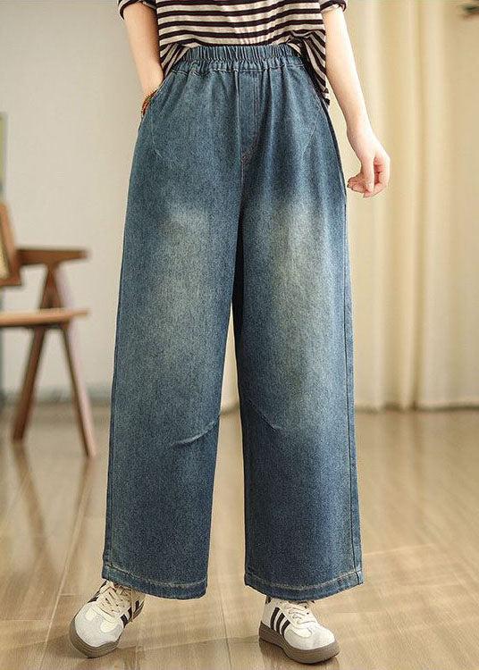 Blue Pockets Elastic Waist Denim Wide Leg Pants Spring Tz036