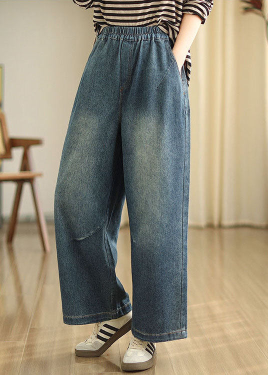 Blue Pockets Elastic Waist Denim Wide Leg Pants Spring Tz036