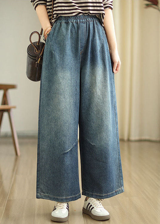 Blue Pockets Elastic Waist Denim Wide Leg Pants Spring Tz036