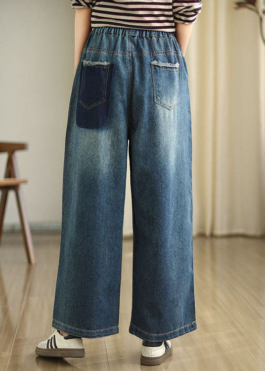 Blue Pockets Elastic Waist Denim Wide Leg Pants Spring Tz036