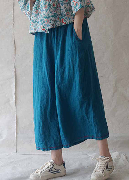 Blue Pockets Linen Wide Leg Pants Summer Re020