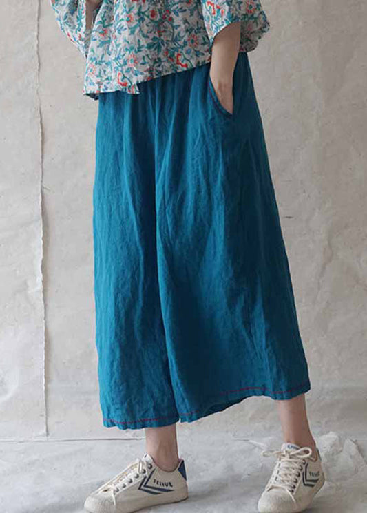 Blue Pockets Linen Wide Leg Pants Summer Re020
