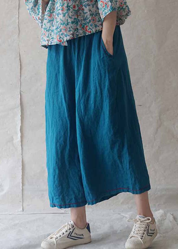 Blue Pockets Linen Wide Leg Pants Summer Re020