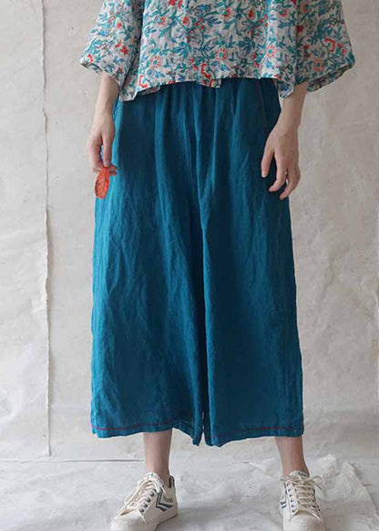Blue Pockets Linen Wide Leg Pants Summer Re020