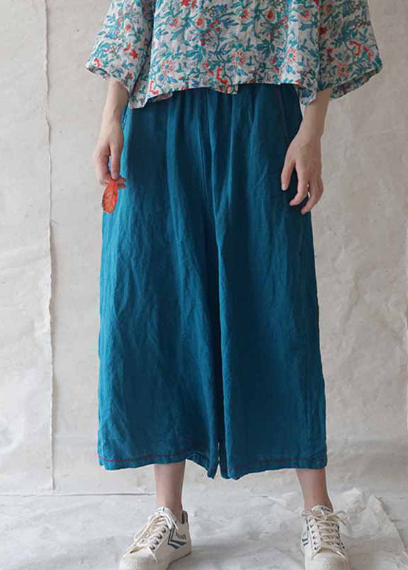 Blue Pockets Linen Wide Leg Pants Summer Re020