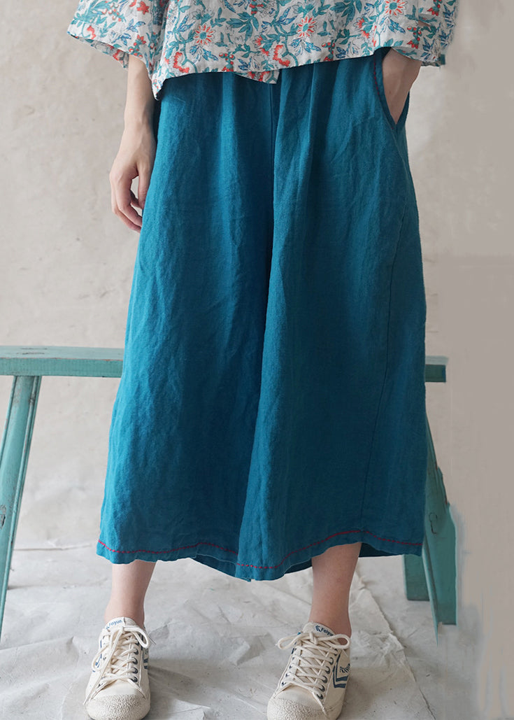 Blue Pockets Linen Wide Leg Pants Summer Re020