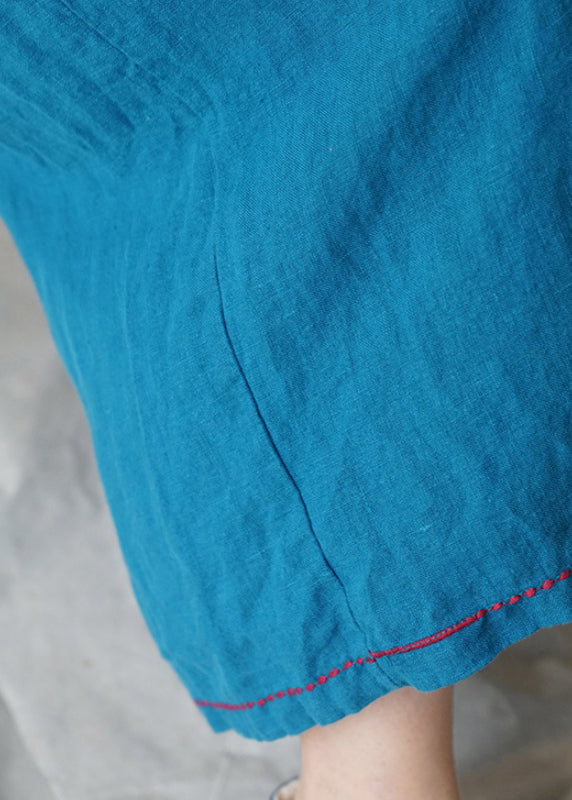 Blue Pockets Linen Wide Leg Pants Summer Re020