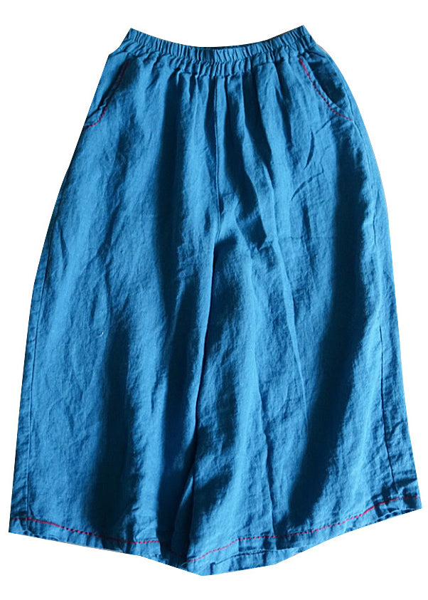 Blue Pockets Linen Wide Leg Pants Summer Re020
