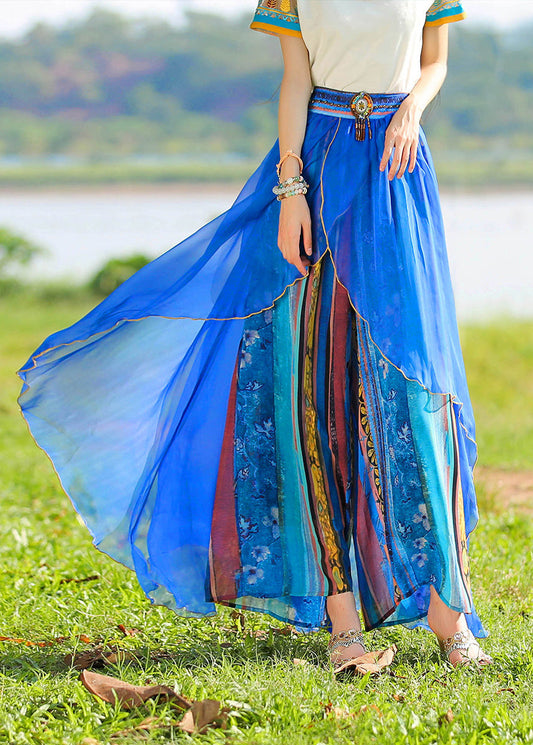Blue Print Elastic Waist Chiffon Holiday Pants Skirt Summer Ly0188