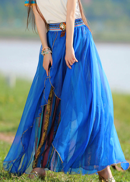 Blue Print Elastic Waist Chiffon Holiday Pants Skirt Summer Ly0188